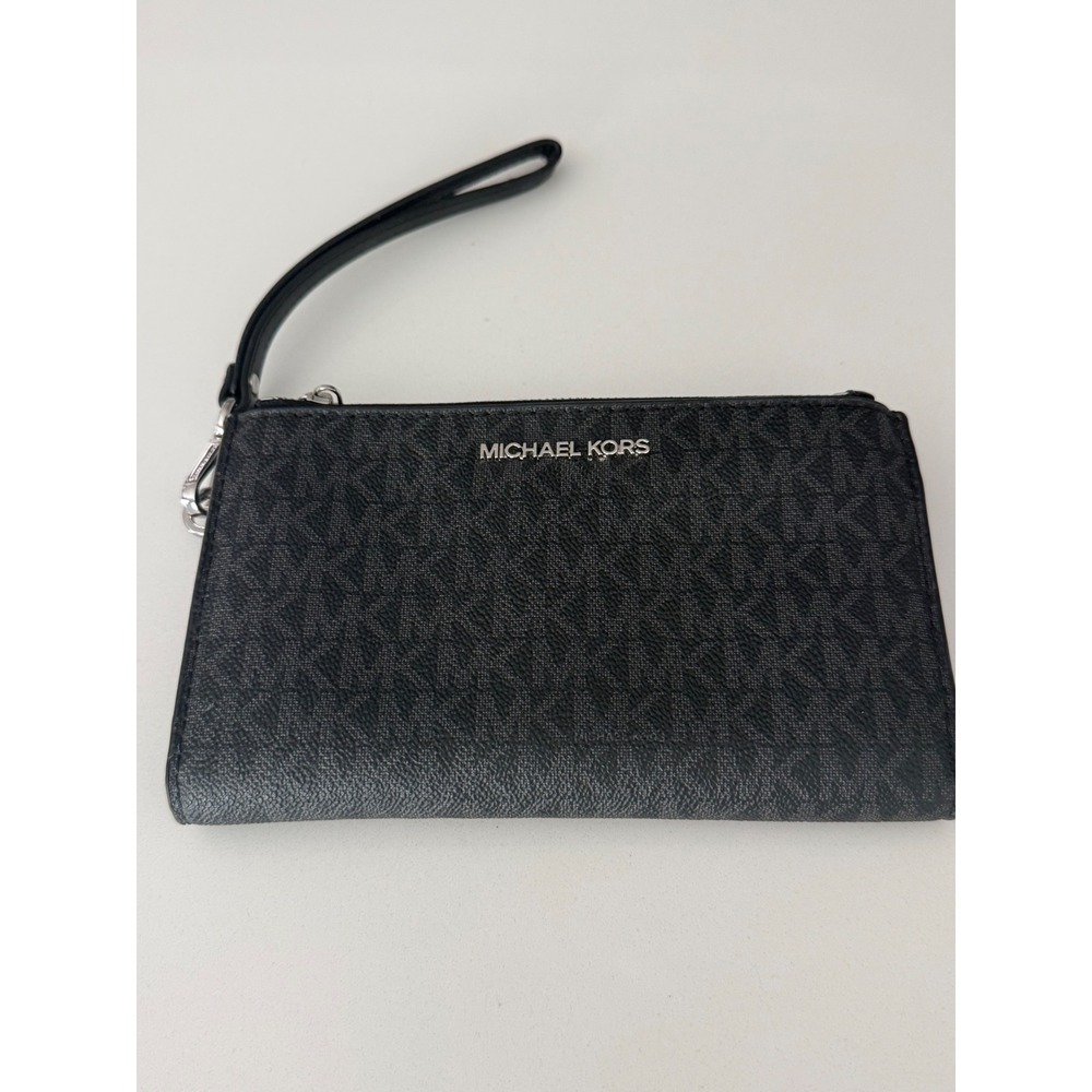 Michael Kors Jet Set Double Zip‎ Wristlet Black Signature Logo Monogram Wallet